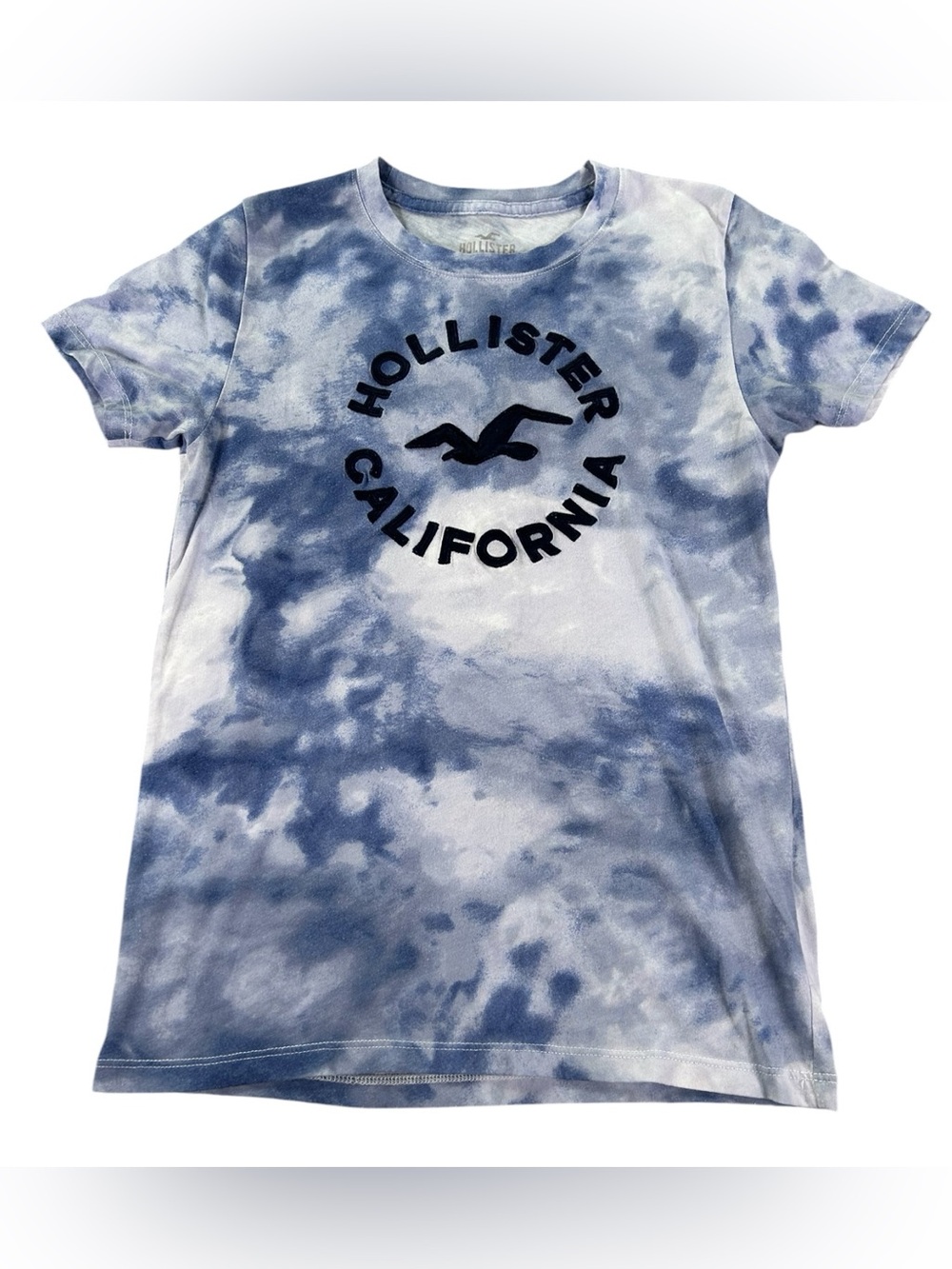 Hollister California Tie Dye Logo T-Shirt Women’s S Blue White Cloud Graphic Tee